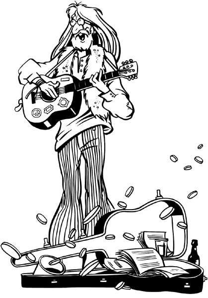 Aged hippie musician playing on the street vinyl sticker. Customize on line. Music 061-0243